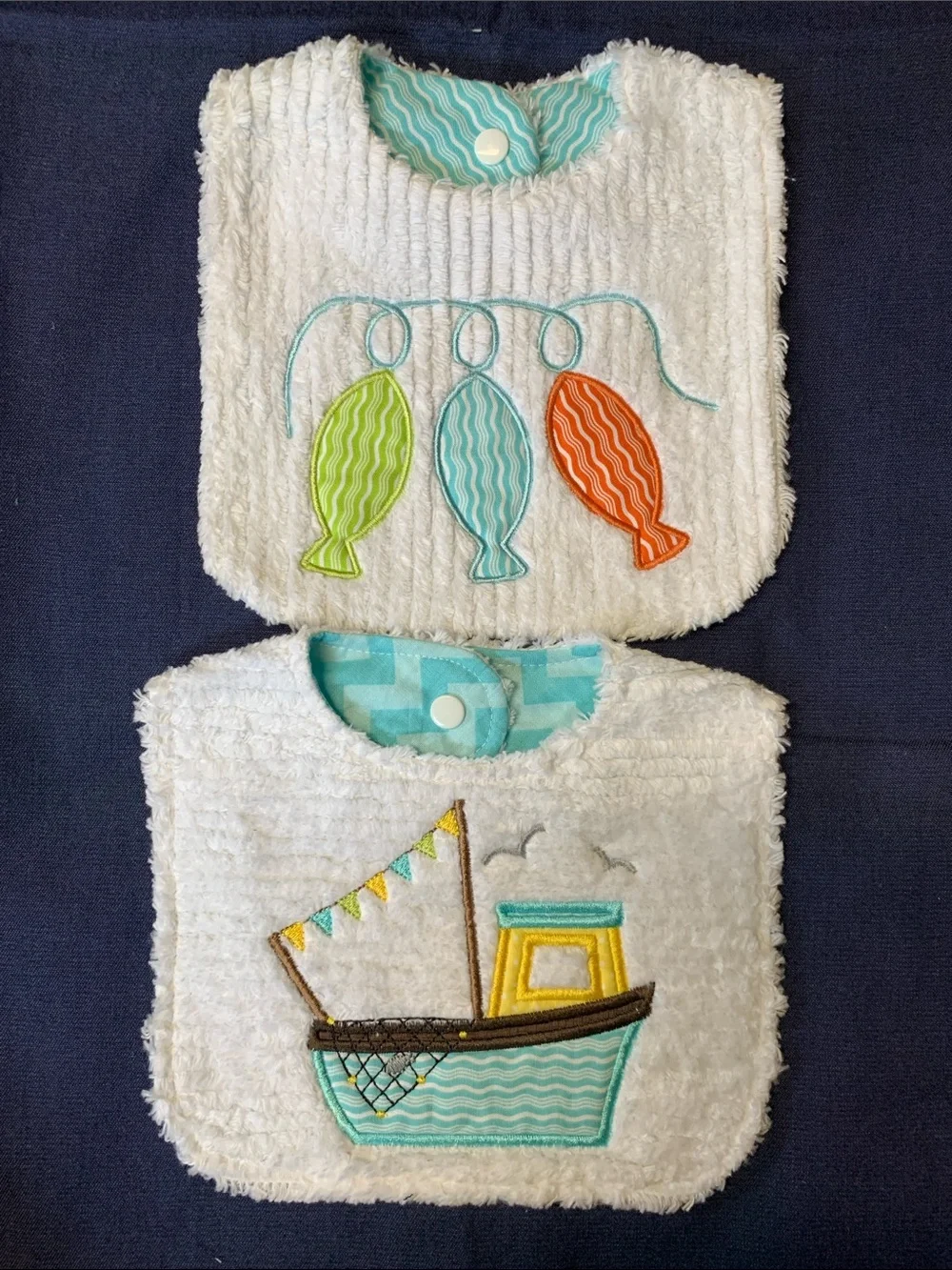 New Teal, Lime & Orange Baby Bib Set with Boat and Fish Motifs